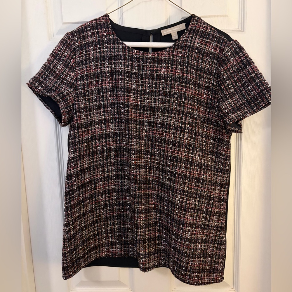 Banana Republic Metallic Plaid Short Sleeve Top - Black Button Back